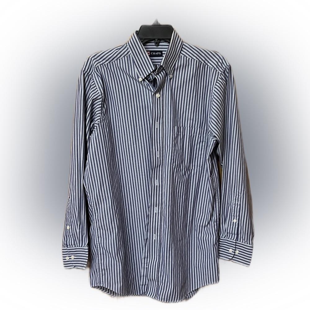 Blue and white striped button down dress shirt by Chaps.